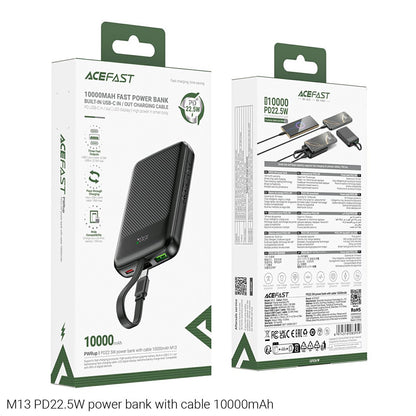 Acefast M13 External Battery, 10000mAh, 22.5W, QC + PD, 1 x USB-A - 2 x USB-C, Black