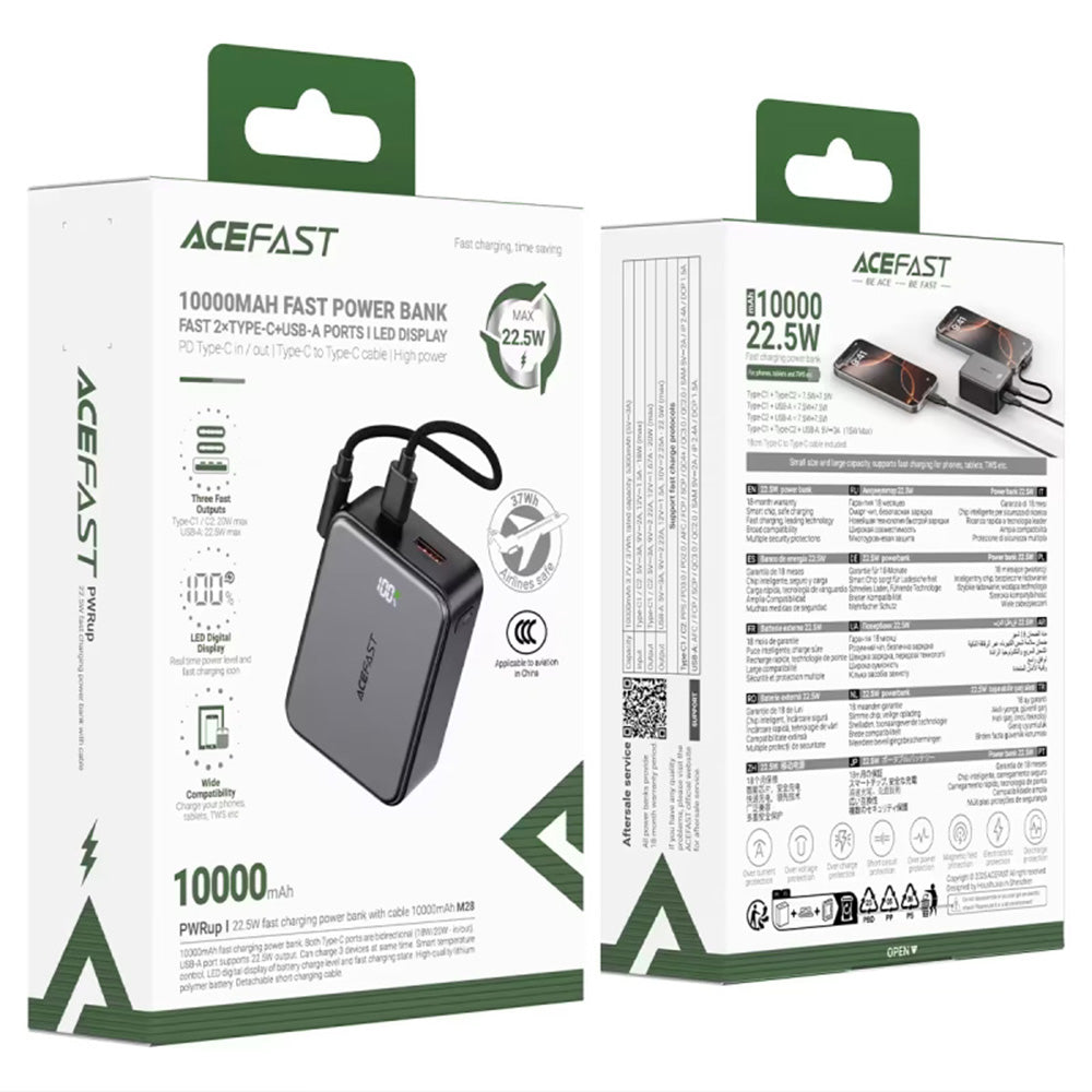 Batterie Externe Acefast M28, 10000mAh, 22.5W, QC + PD, 1 x USB-A - 2 x USB-C, Noire
