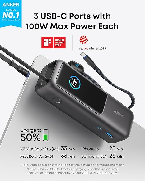 Batterie Externe Anker, 25000mAh, 165W, QC + PD, 1 x USB-A - 3 x USB-C, Gris A1695H11