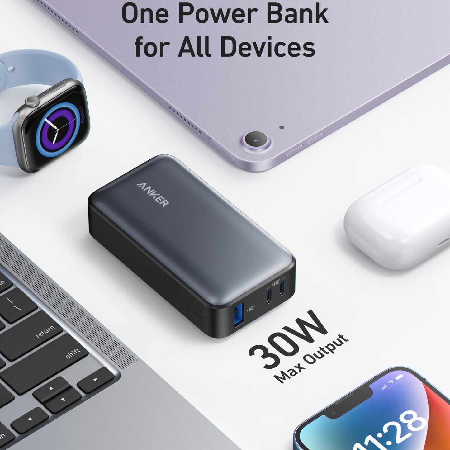 Batterie Externe Anker 533, 10000mAh, 30W, QC + PD, 1 x USB-A - 2 x USB-C, Noire A1256G11