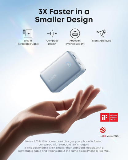 Batterie Externe Anker Nano, 10000mAh, 45W, QC + PD, 1 x USB-A - 2 x USB-C, Bleue