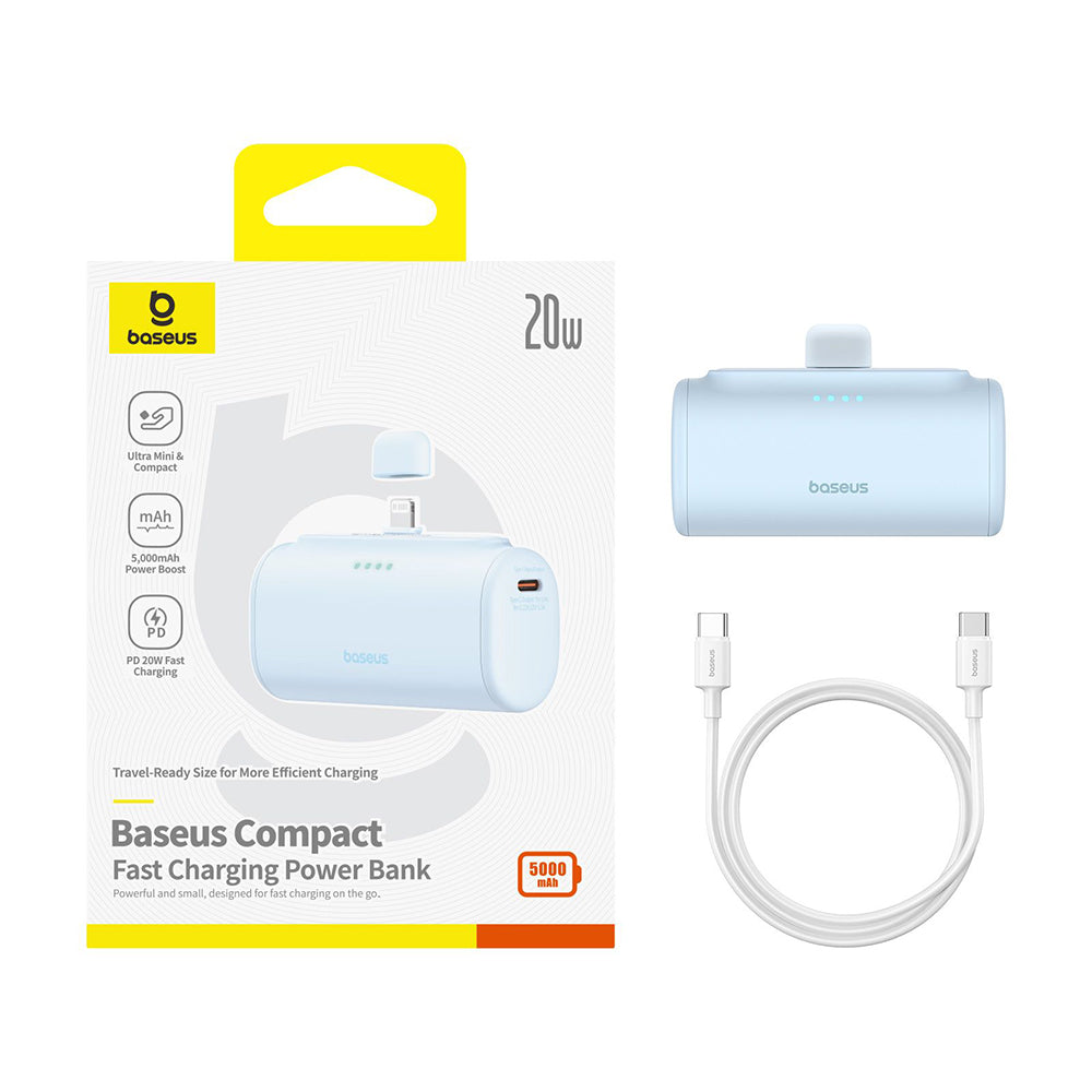 Batterie Externe Baseus Compact, 5000mAh, 20W, PD, 1 x Lightning - 1 x USB-C, Bleue P10068307313-00