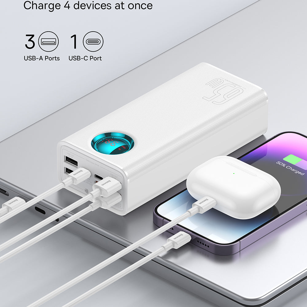 Batterie Externe Baseus Amblight Affichage Numérique, 26800mAh, 65W, QC + PD, 1 x USB-C - 4 x USB-A, Blanche P10022402223-00