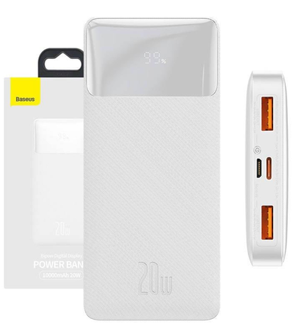 Batterie Externe Baseus Bipow, 10000mAh, 20W, QC + PD, 1 x USB-C - 2 x USB-A, Blanche PPBD050502