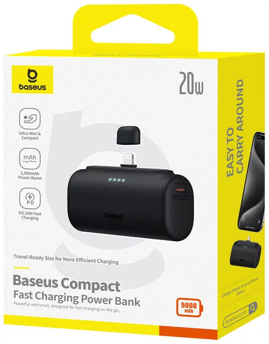 Batterie Externe Baseus Compact, 5000mAh, 20W, PD, 1 x Lightning - 1 x USB-C, Noire P10068307113-00