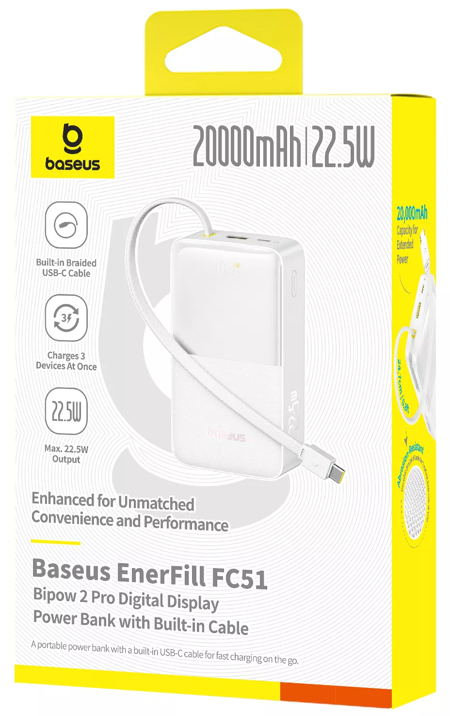 Batterie Externe Baseus EnerFill Bipow2 Pro, 20000mAh, 22.5W, QC + PD, 1 x USB-A - 2 x USB-C, Blanche E0027700