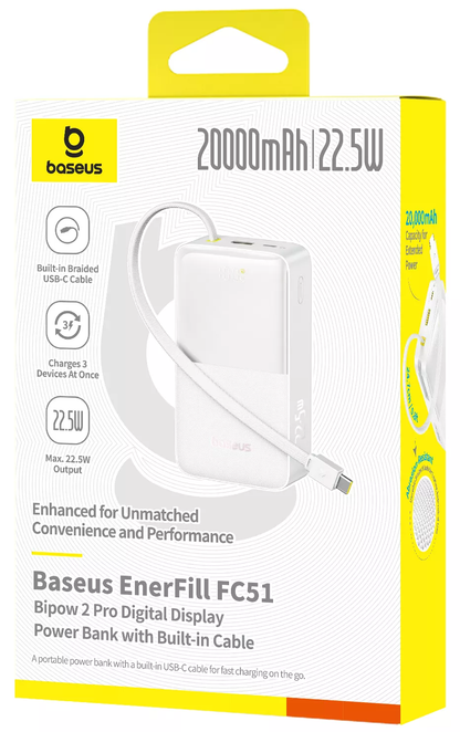 Batterie Externe Baseus EnerFill Bipow2 Pro, 20000mAh, 22.5W, QC + PD, 1 x USB-A - 2 x USB-C, Blanche E0027700