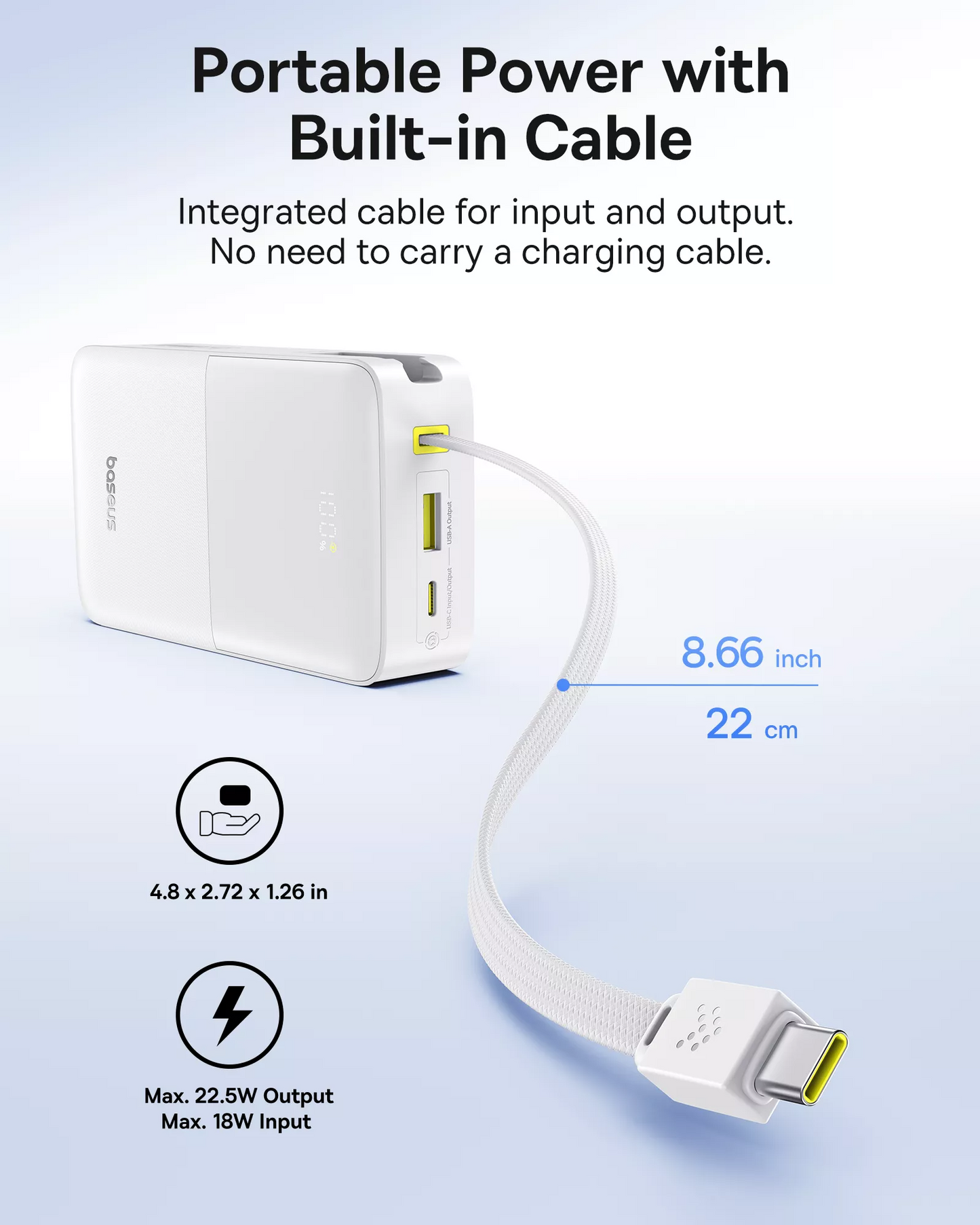 Batterie Externe Baseus EnerFill Bipow2 Pro, 20000mAh, 22.5W, QC + PD, 1 x USB-A - 2 x USB-C, Blanche E0027700