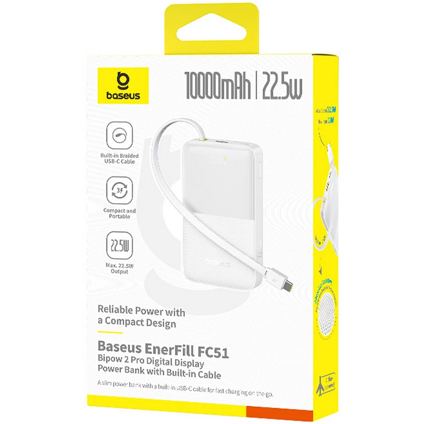 Batterie Externe Baseus EnerFill Bipow2 Pro, 10000mAh, 22.5W, QC + PD, 1 x USB-A - 2 x USB-C, Blanche E0027601