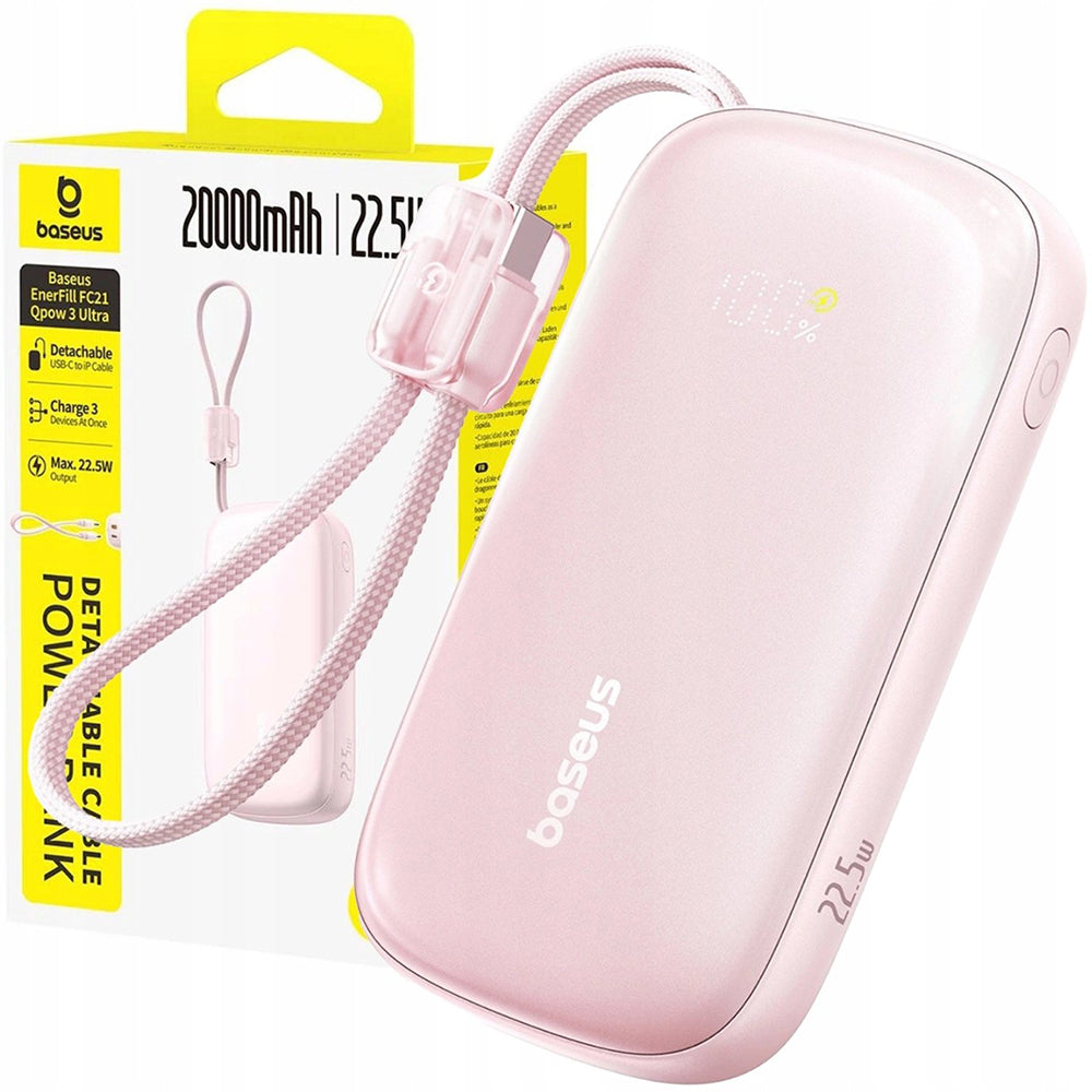 Baseus EnerFill FC21 Qpow 3 Ultra External Battery, 20000mAh, 22.5W, QC + PD, 1 x USB-A - 1 x USB-C, Pink E0027M02