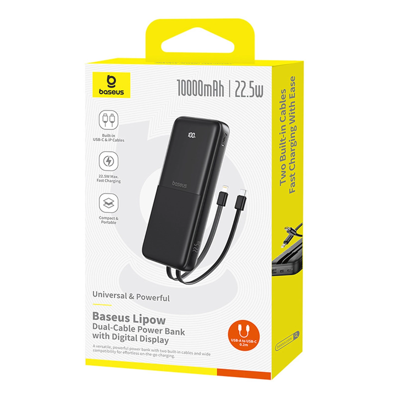 Batterie Externe Baseus Lipow, 10000mAh, 22.5W, QC + PD, 1 x Lightning - 1 x USB-A - 2 x USB-C, Noire P10079101123-00