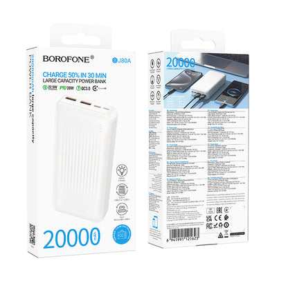 Batterie Externe Borofone BJ80A Clever, 20000mAh, 22.5W, QC + PD, 1 x USB-C - 2 x USB-A, Blanche