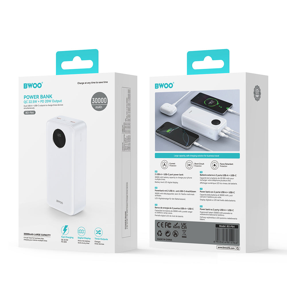 Batterie Externe BWOO BO-P64, 30000mAh, 22.5W, QC + PD, 1 x USB-C - 2 x USB-A, Blanche