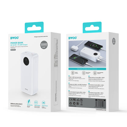 Batterie Externe BWOO BO-P64, 30000mAh, 22.5W, QC + PD, 1 x USB-C - 2 x USB-A, Blanche