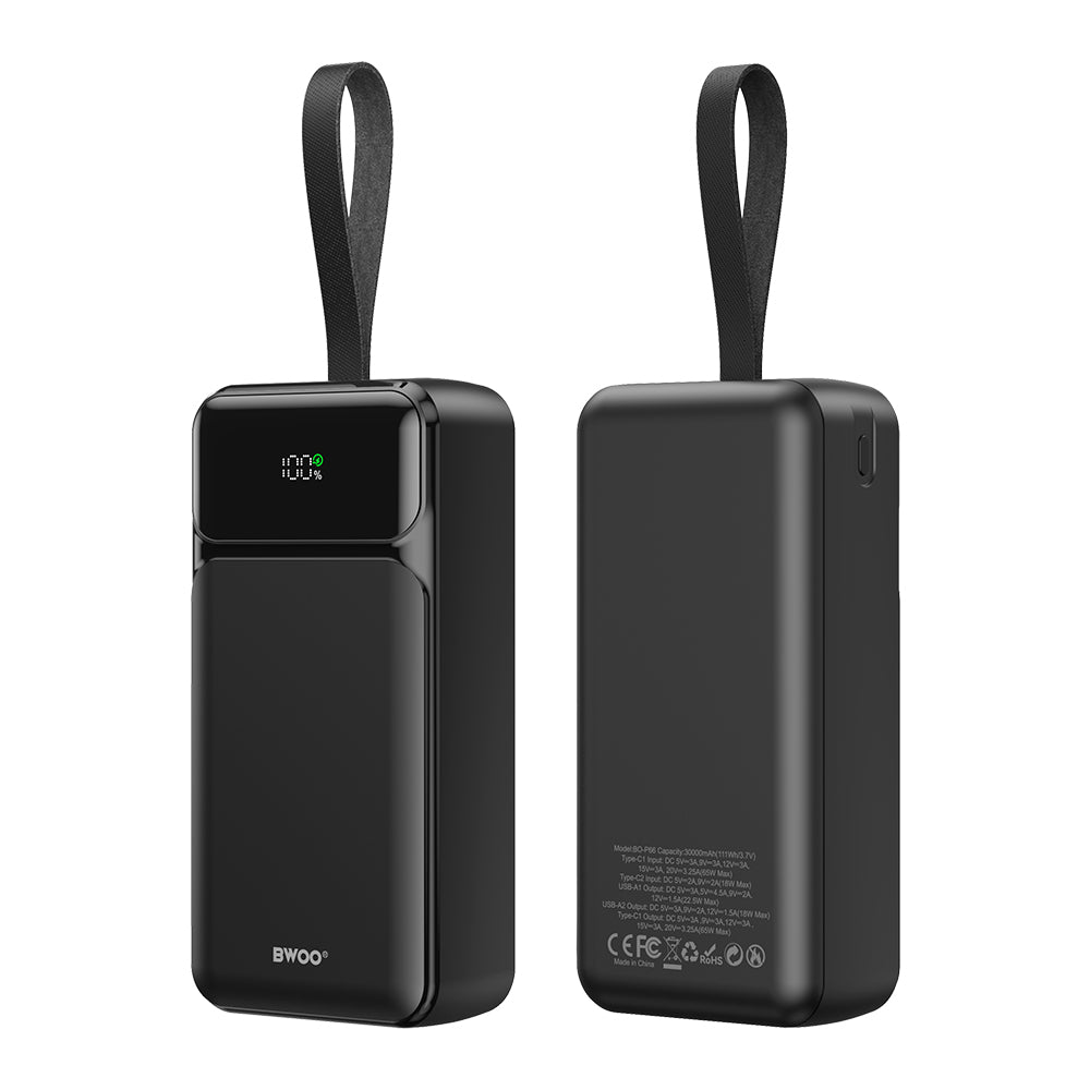 Batterie Externe BWOO BO-P66, 30000mAh, 65W, QC + PD, 1 x USB-C - 2 x USB-A, Noire