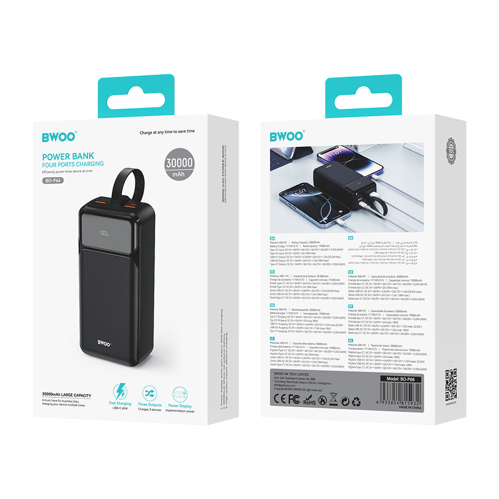 Batterie Externe BWOO BO-P66, 30000mAh, 65W, QC + PD, 1 x USB-C - 2 x USB-A, Noire