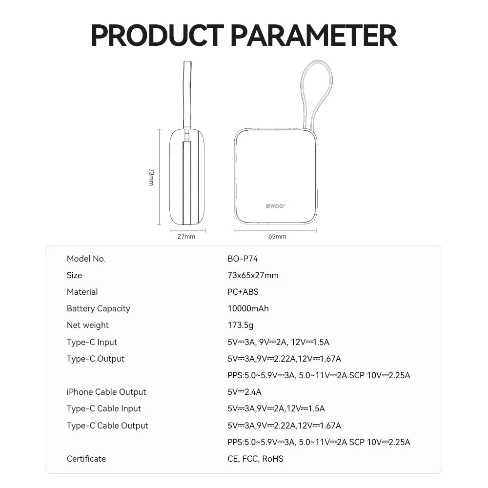 Batterie Externe BWOO BO-P74, 10000mAh, 22.5W, PD, 1 x Lightning - 2 x USB-C, Noire