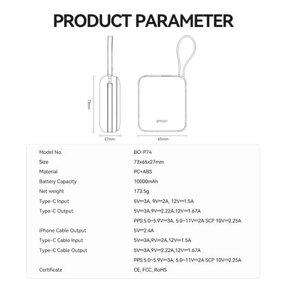 Batterie Externe BWOO BO-P74, 10000mAh, 22.5W, PD, 1 x Lightning - 2 x USB-C, Noire