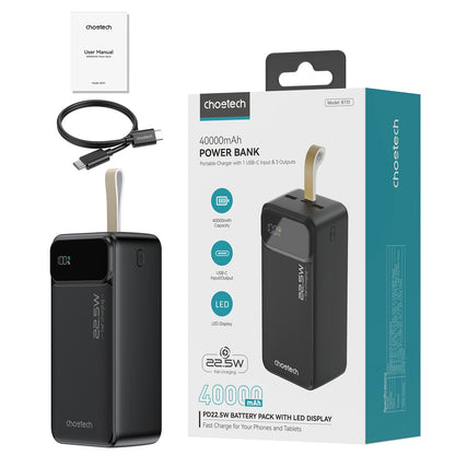 Batterie externe Choetech B731, 40000mAh, 22.5W, QC + PD, 1 x USB-C - 2 x USB-A, Noir 