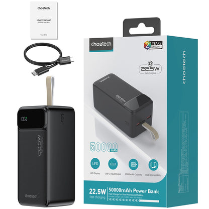 Batterie externe Choetech B732, 50000mAh, 22.5W, QC + PD, 1 x USB-C - 2 x USB-A, Noir 