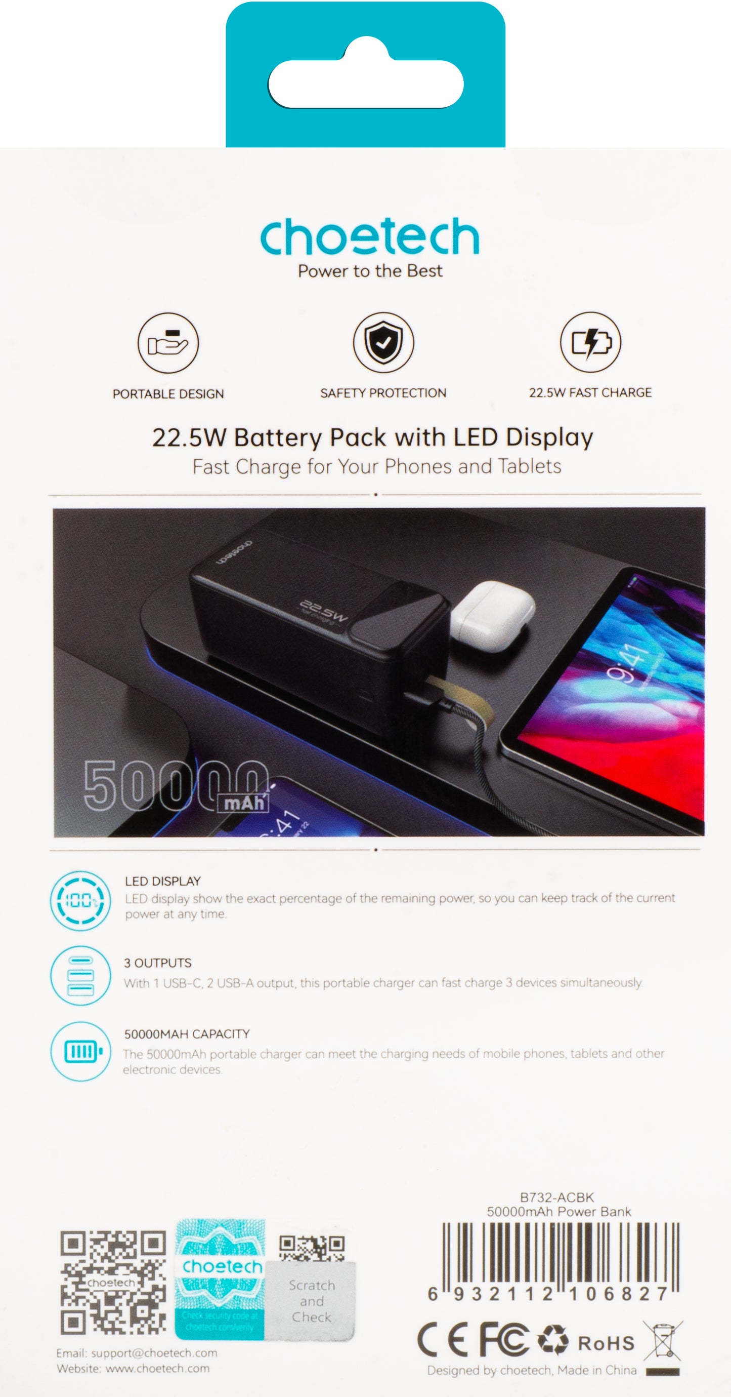 Batterie externe Choetech B732, 50000mAh, 22.5W, QC + PD, 1 x USB-C - 2 x USB-A, Noir 