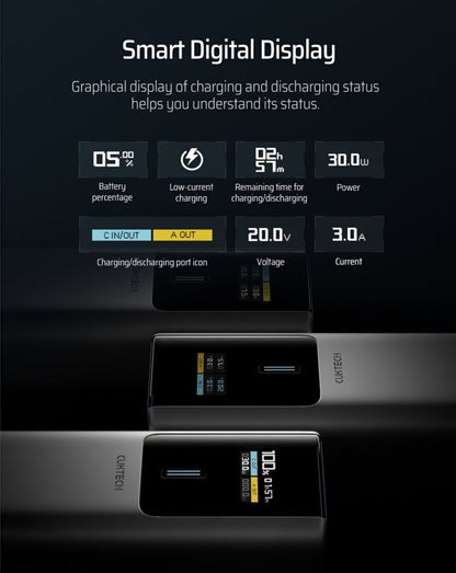Batterie Externe Cuktech, 10000mAh, 150W, QC + PD, 1 x USB-A - 1 x USB-C, Gris CKPB100PGLBK