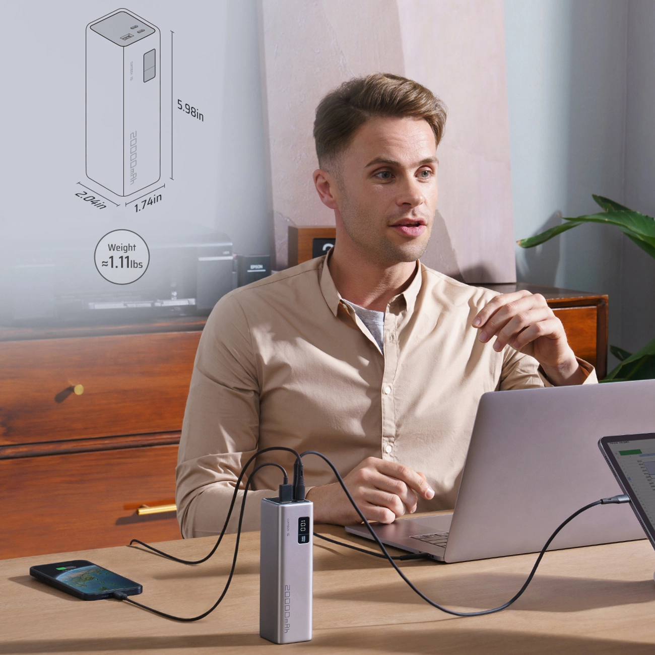 Batterie Externe Cuktech, 20000mAh, 100W, QC + PD, 1 x USB-A - 2 x USB-C, Gris CUKP200XGLGR
