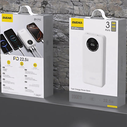 Batterie Externe Dudao K12Pro, 20000mAh, 22.5W, QC + PD, 1 x USB-C - 2 x USB-A, Blanche