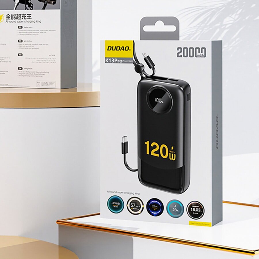 Batterie Externe Dudao K13, 10000mAh, 22.5W, QC + PD, 1 x Lightning - 1 x USB-A - 2 x USB-C, Noire
