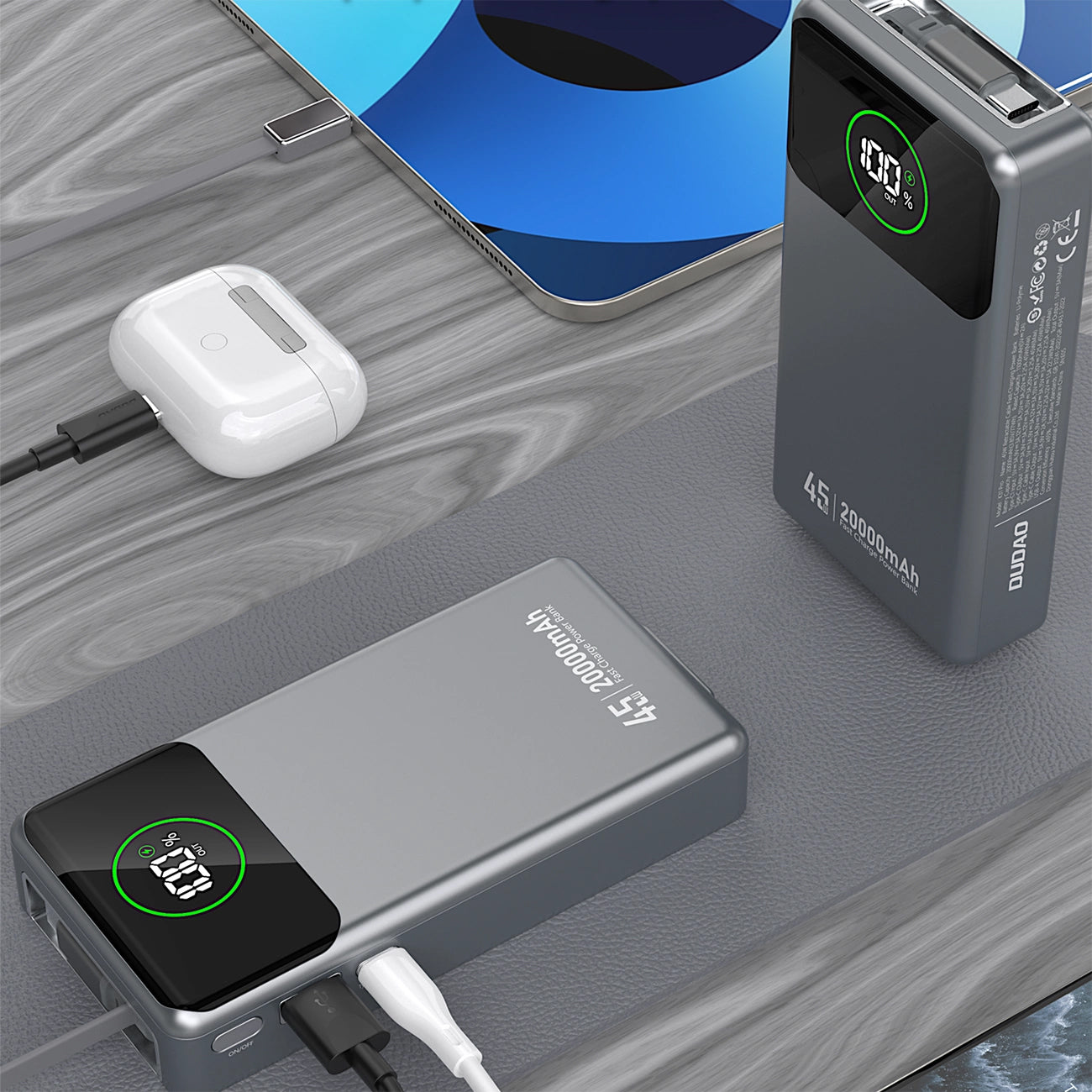 Batterie Externe Dudao K31 Pro, 20000mAh, 45W, QC + PD, 1 x USB-A - 2 x USB-C, Gris