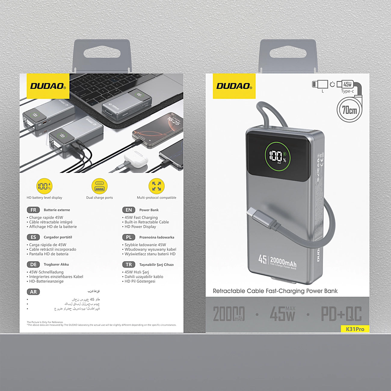 Batterie Externe Dudao K31 Pro, 20000mAh, 45W, QC + PD, 1 x USB-A - 2 x USB-C, Gris