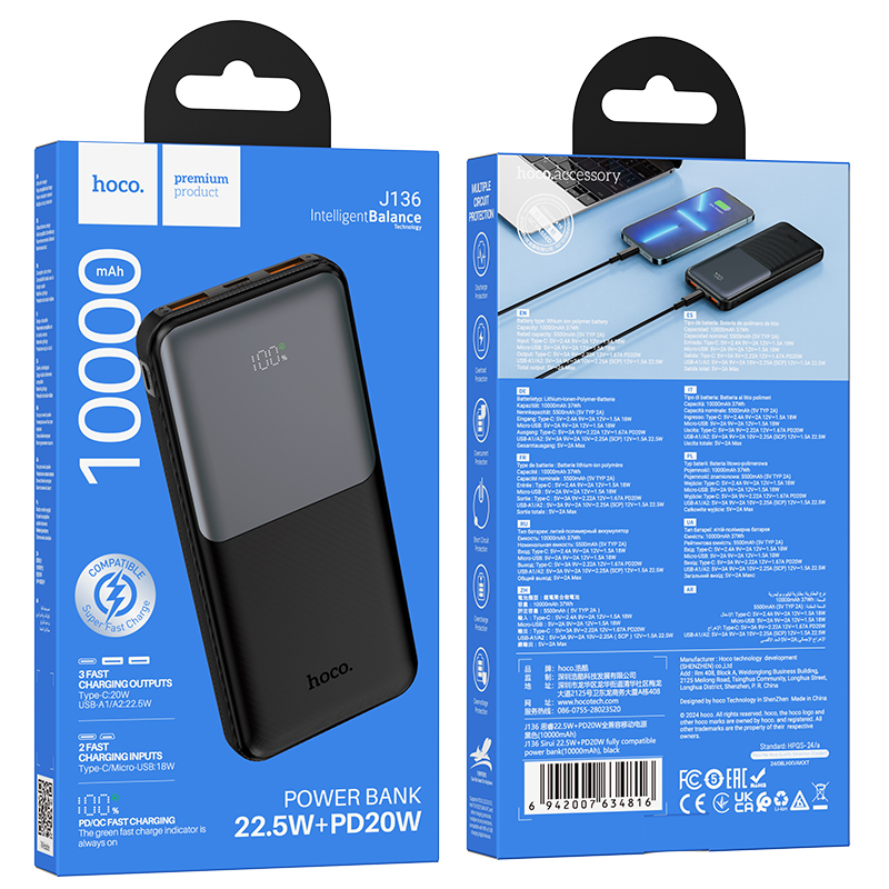 Batterie externe HOCO J136, 10 000 mAh, 22,5 W, QC + PD, 1 x USB-C - 2 x USB-A, noire
