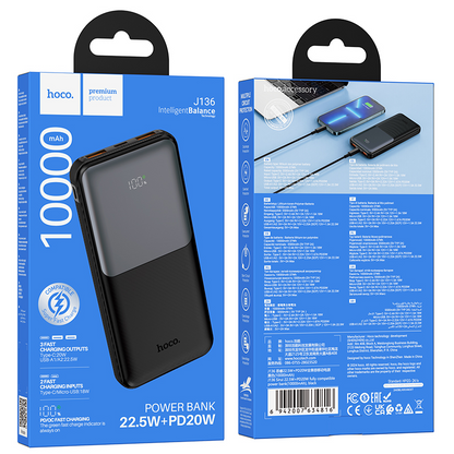 Batterie externe HOCO J136, 10 000 mAh, 22,5 W, QC + PD, 1 x USB-C - 2 x USB-A, noire