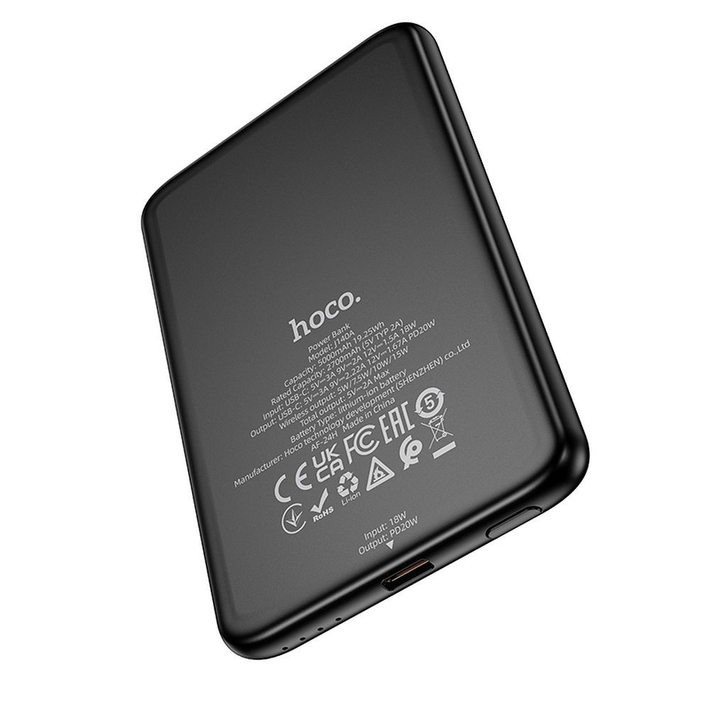 Wireless External Battery HOCO J140A, 5000mAh, 20W, PD + QI, 1 x USB-C, Black