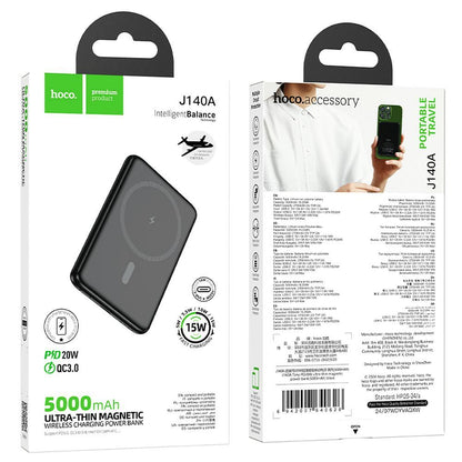 Wireless External Battery HOCO J140A, 5000mAh, 20W, PD + QI, 1 x USB-C, Black