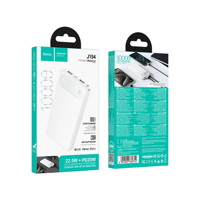 Batterie Externe HOCO J154, 10000mAh, 22,5W, QC + PD, 1 x USB-C - 2 x USB-A, Blanche