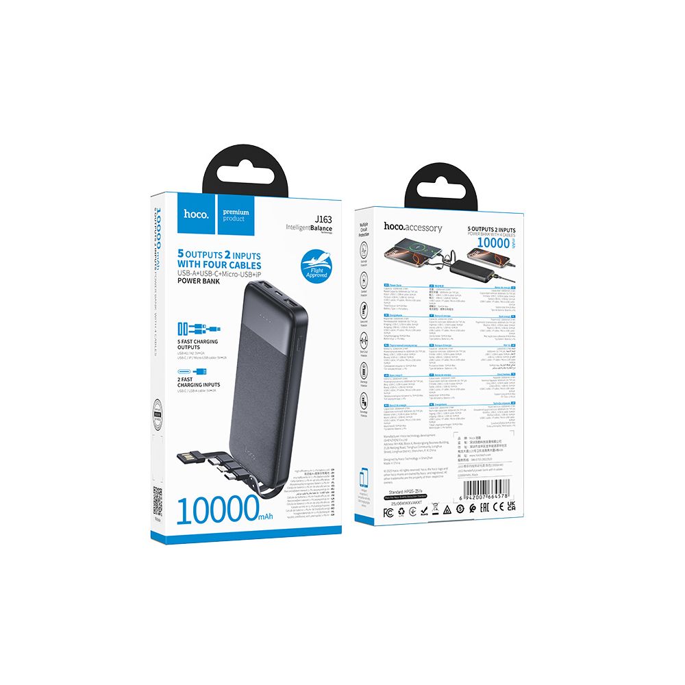 Batterie Externe HOCO J163, 10000mAh, 10W, 1 x Lightning - 1 x microUSB - 2 x USB-A - 1 x USB-C, Noire