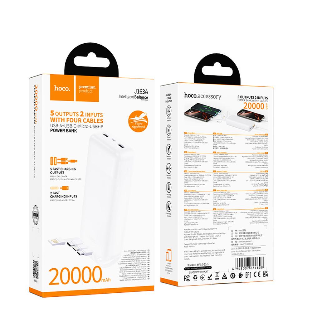 Batterie externe HOCO J163A, 20 000 mAh, 10 W, 1 x Lightning - 1 x microUSB - 1 x USB-C - 2 x USB-A, blanche
