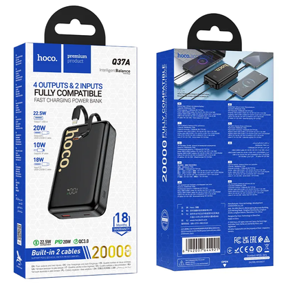 Batterie Externe HOCO Q37A, 20000mAh, 22,5W, QC + PD, 1 x Lightning - 1 x USB-A - 2 x USB-C, Noire
