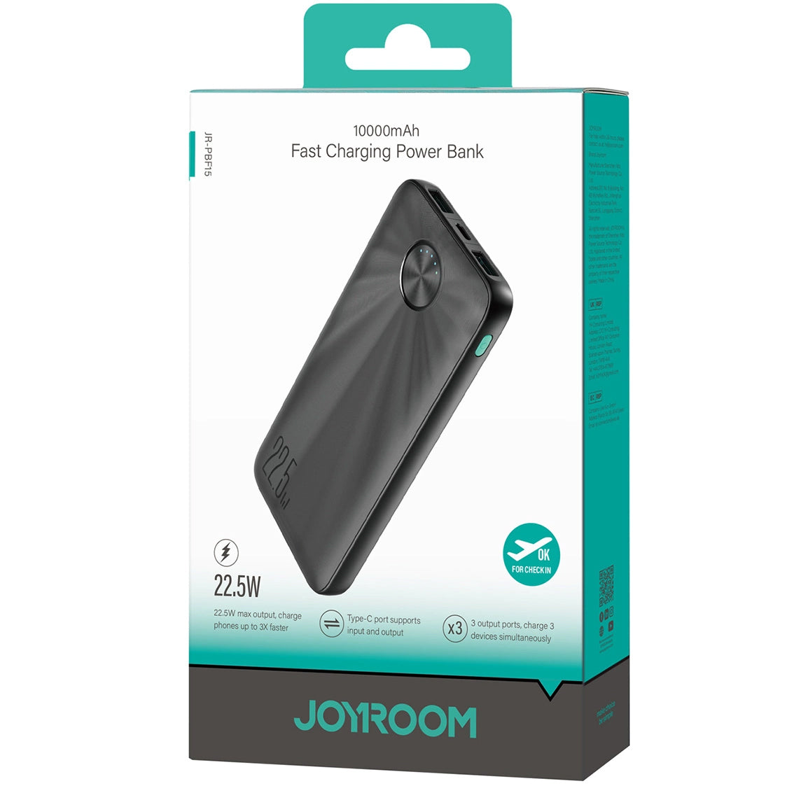 Batterie externe Joyroom JR-PBF15, 10000mAh, 22.5W, QC + PD, 1 x USB-C - 2 x USB-A, Noir 