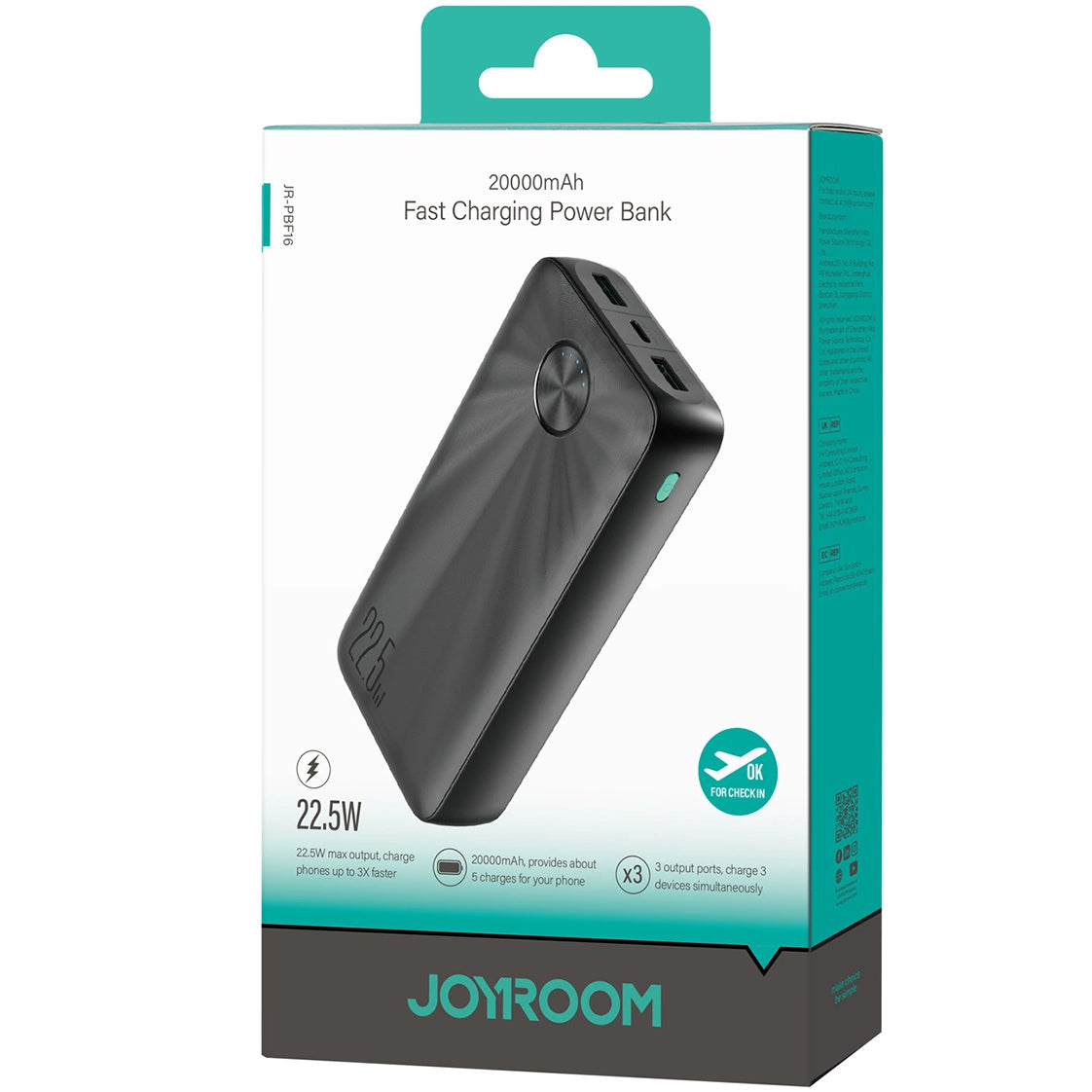 Batterie externe Joyroom JR-PBF16, 20000mAh, 22.5W, QC + PD, 1 x USB-C - 2 x USB-A, Noir 