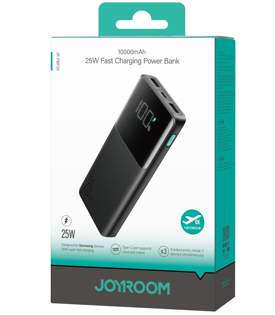 Batterie Externe Joyroom JR-PBF20, 10000mAh, 25W, QC + PD, 1 x USB-C - 2 x USB-A, Noire