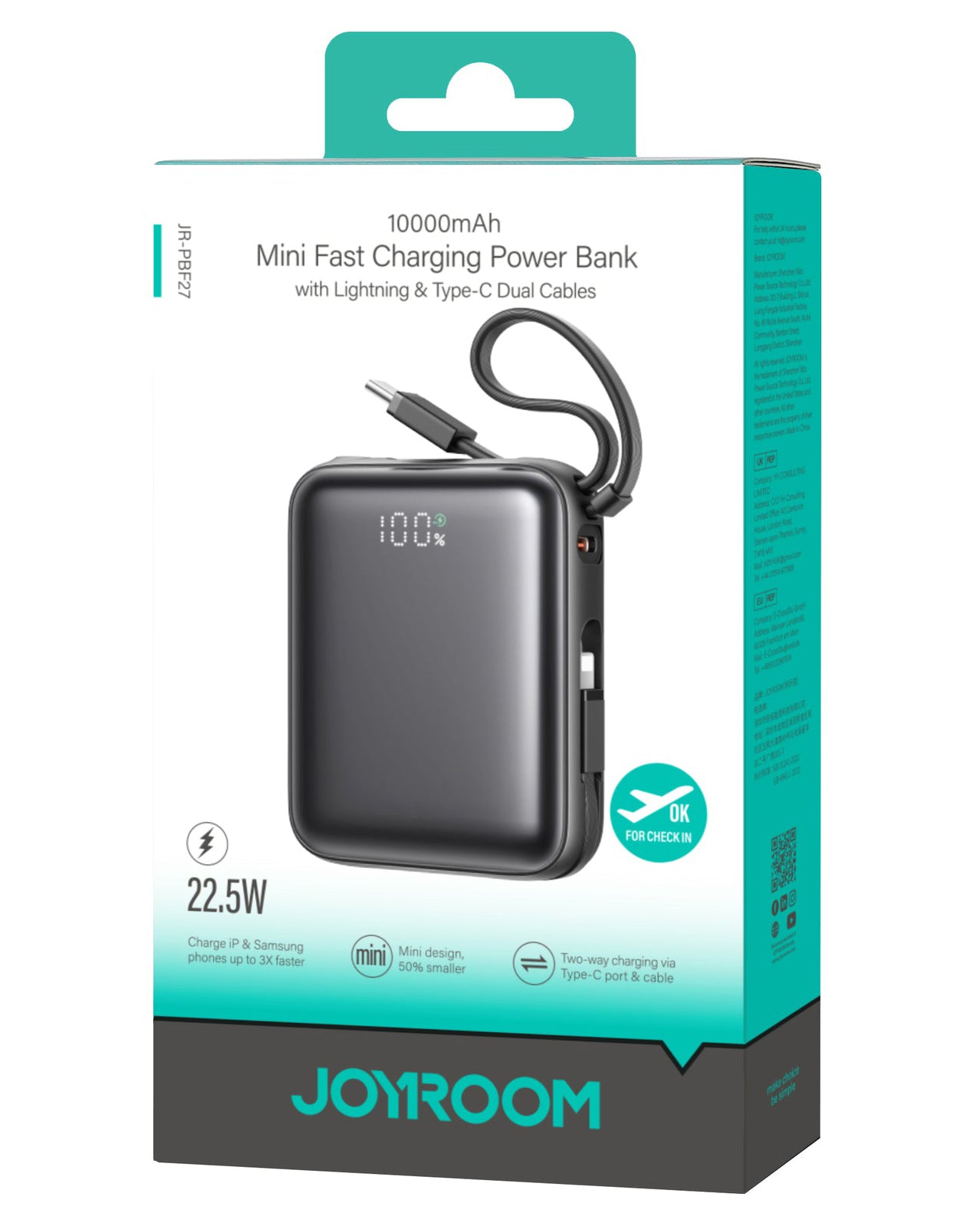 Batterie Externe Joyroom JR-PBF27, 10000mAh, 22.5W, QC + PD, 1 x Lightning - 2 x USB-C, Noire