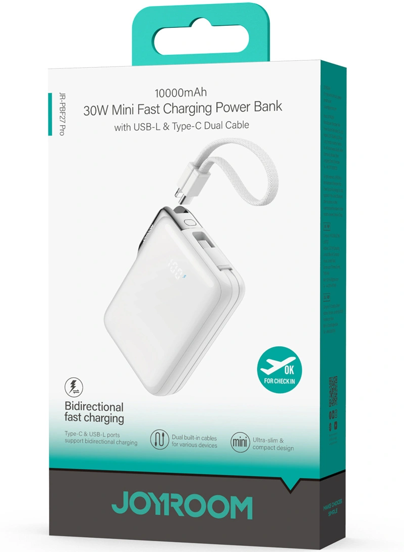 Batterie Externe Joyroom JR-PBF27 Pro, 10000mAh, 30W, QC + PD, 1 x Lightning - 2 x USB-C, Blanche