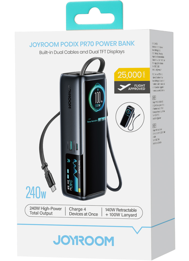 Joyroom PODIX PR70 Power Bank, 25000mAh, 240W, QC + PD, 1 x USB-A - 3 x USB-C, Black