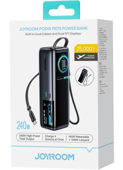 Joyroom PODIX PR70 Power Bank, 25000mAh, 240W, QC + PD, 1 x USB-A - 3 x USB-C, Black
