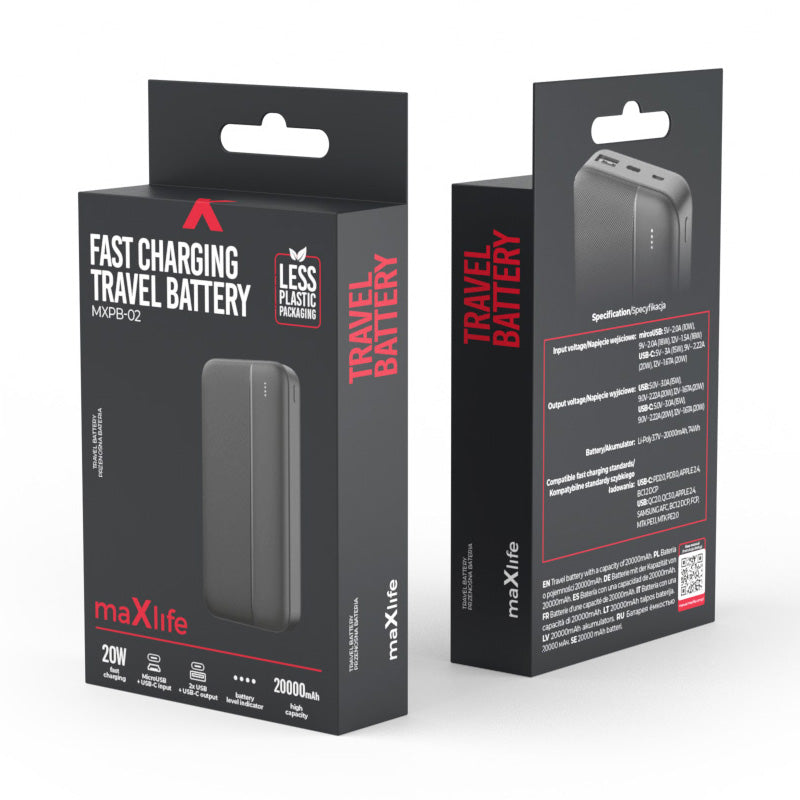 Batterie Externe MaXlife MXPB-02, 20000mAh, 20W, QC + PD, 1 x USB-A - 1 x USB-C, Noire