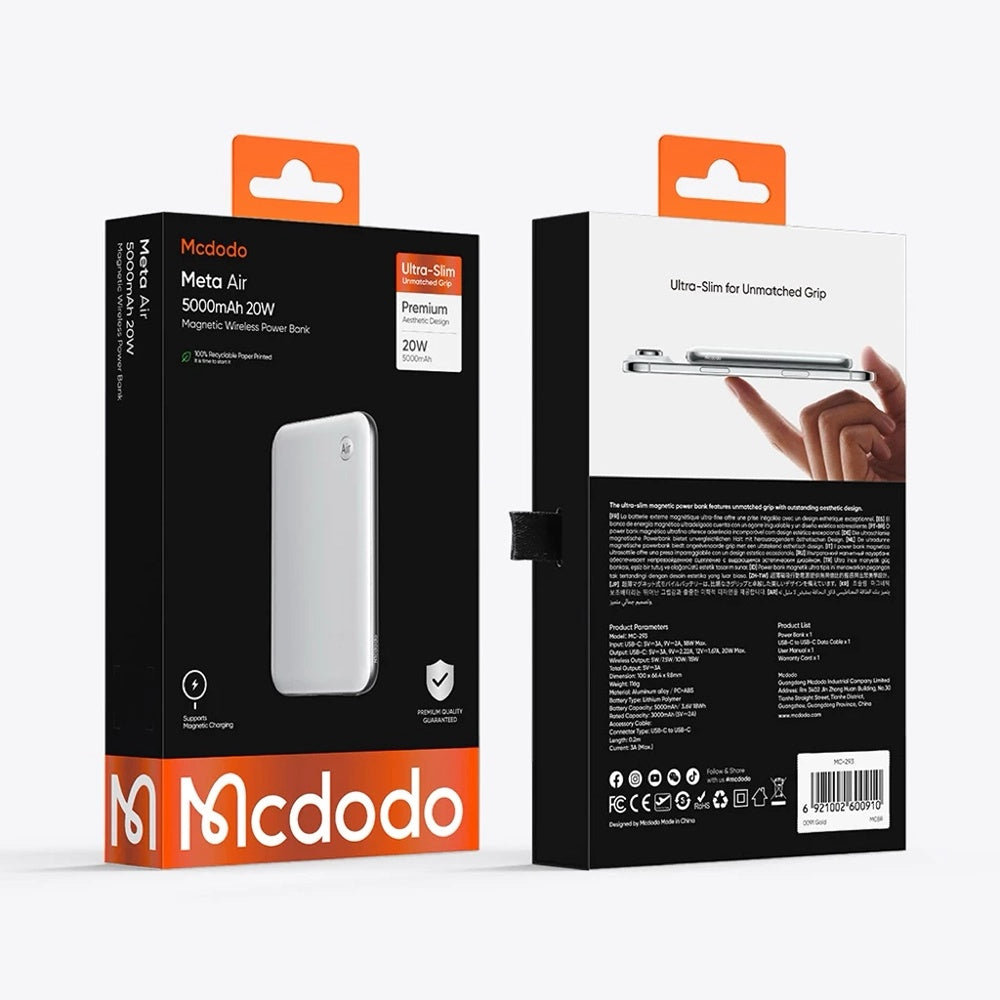 Batterie Externe Sans Fil McDodo MC-2931 Meta Air, 5000mAh, 20W, PD + FQI, 1 x QI - 1 x USB-C, Noire