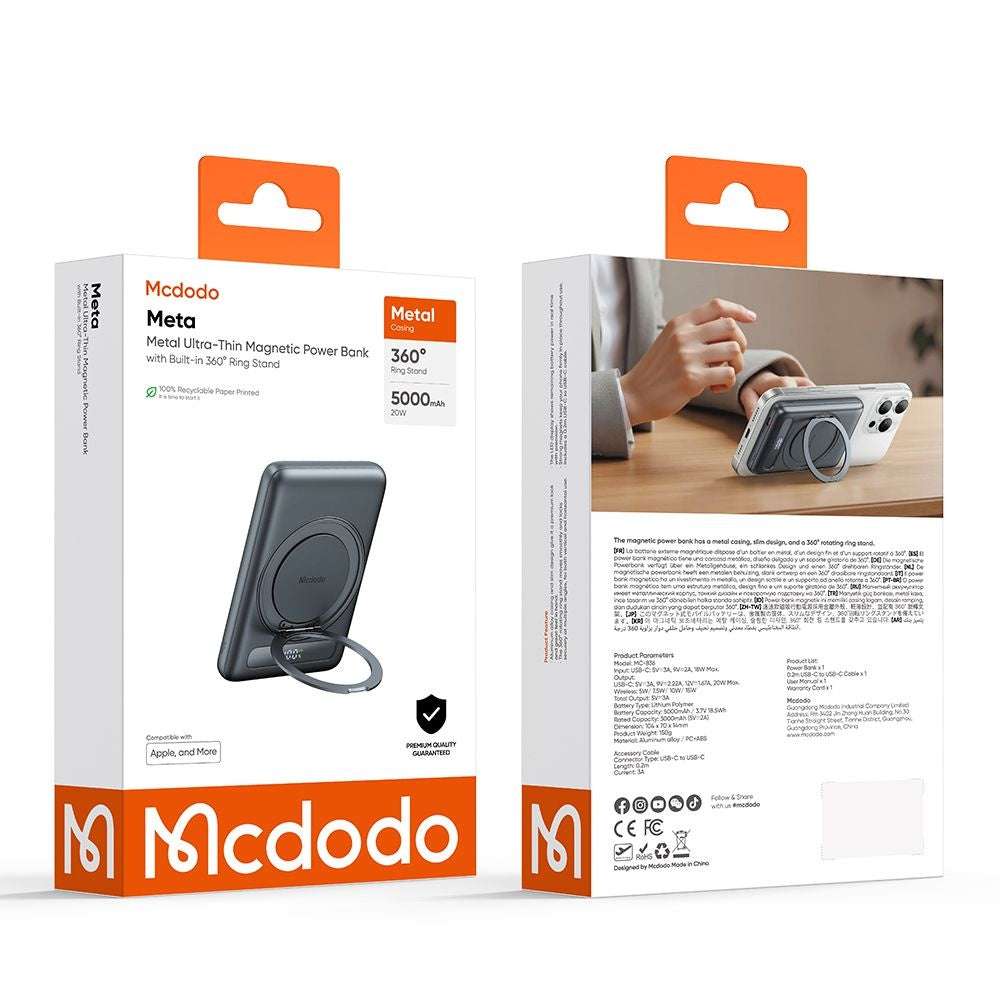 Batterie Externe Sans Fil McDodo MC-8361 Meta, 5000mAh, 20W, PD + FQI, 1 x QI - 1 x USB-C, Gris