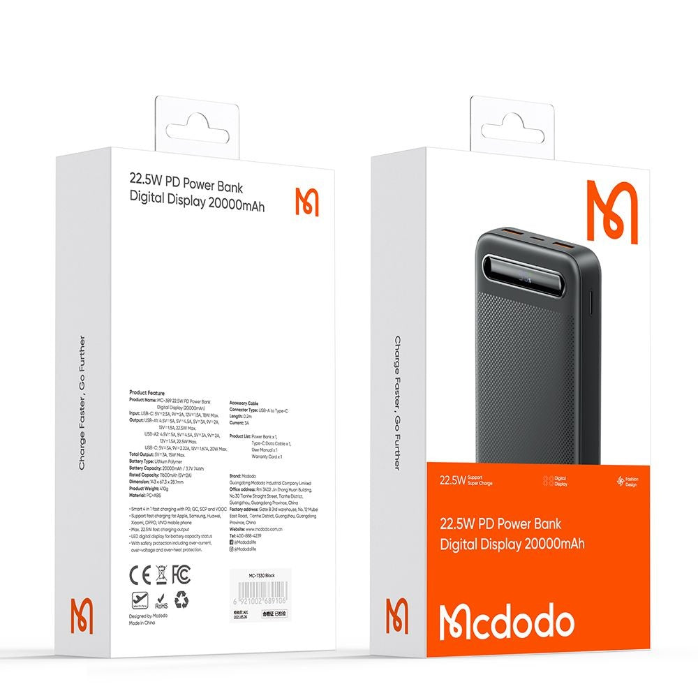 Batterie Externe McDodo MC-3891 Star, 20000mAh, 22.5W, QC + PD, 2 x USB-A - 1 x USB-C, Noire